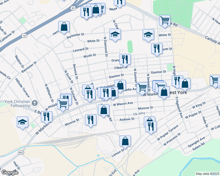 map of restaurants, bars, coffee shops, grocery stores, and more near 45 North Diamond Street in York