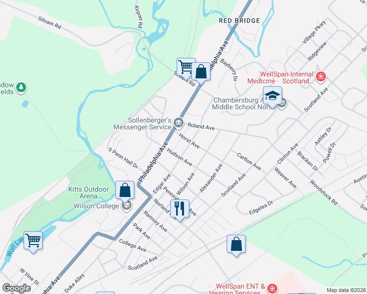 map of restaurants, bars, coffee shops, grocery stores, and more near 1640 Edgar Avenue in Chambersburg