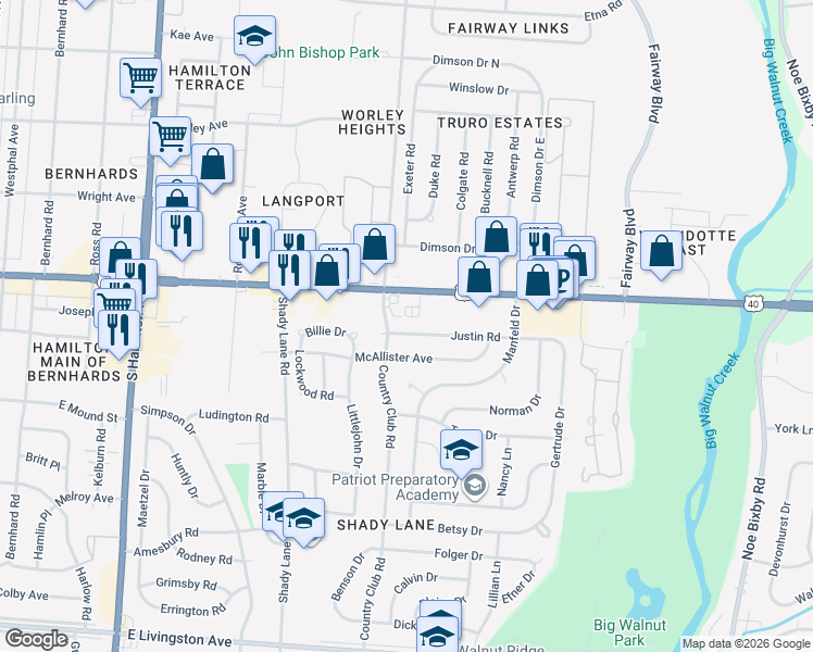 map of restaurants, bars, coffee shops, grocery stores, and more near 4920 Justin Road in Columbus