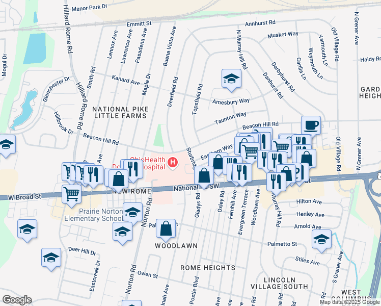 map of restaurants, bars, coffee shops, grocery stores, and more near 90 Sturbridge Road in Columbus