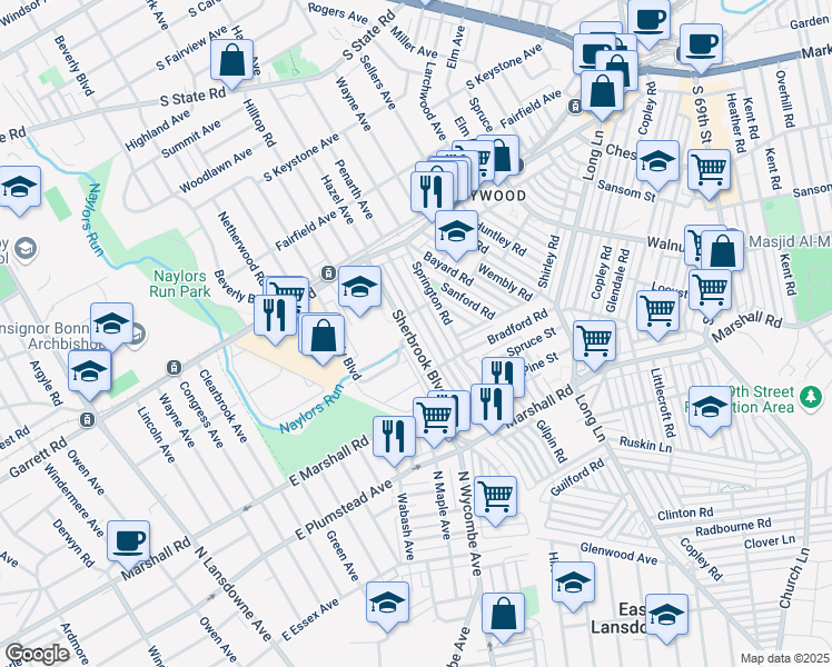map of restaurants, bars, coffee shops, grocery stores, and more near 245 Sherbrook Boulevard in Delaware County