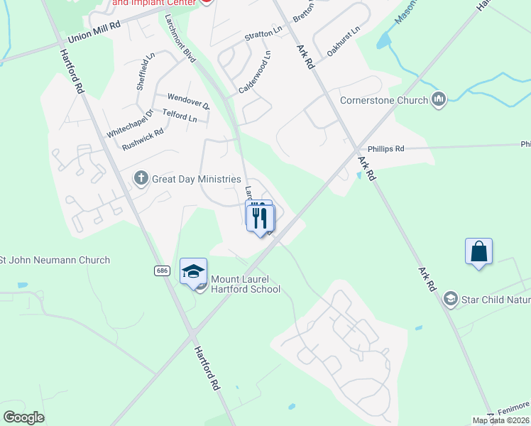 map of restaurants, bars, coffee shops, grocery stores, and more near 1800 Ralston Drive in Mount Laurel Township