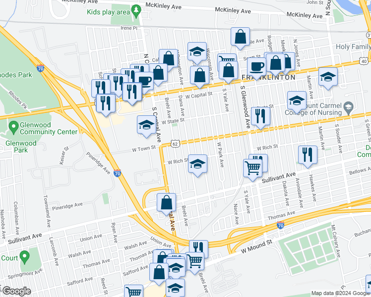 map of restaurants, bars, coffee shops, grocery stores, and more near 189 Dana Avenue in Columbus