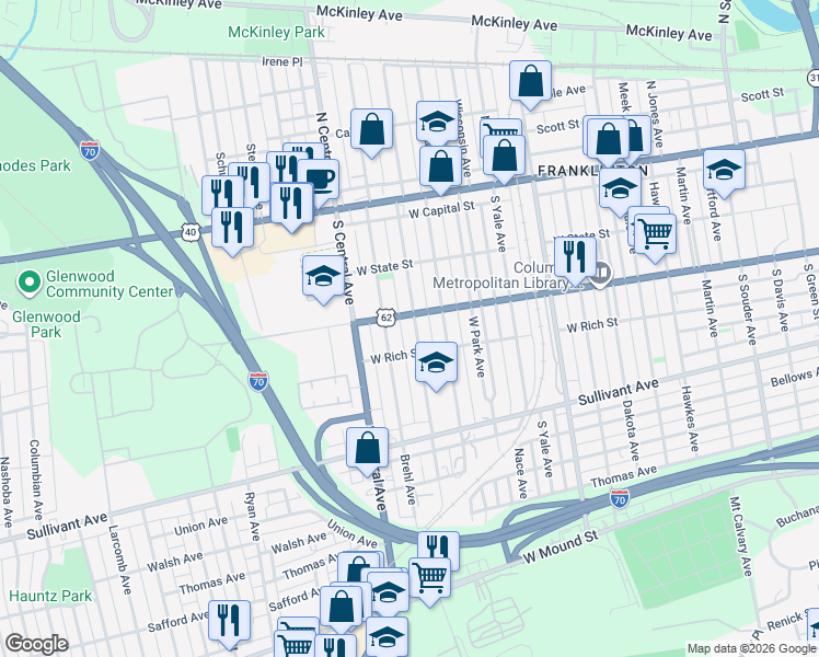 map of restaurants, bars, coffee shops, grocery stores, and more near 189 Dana Avenue in Columbus