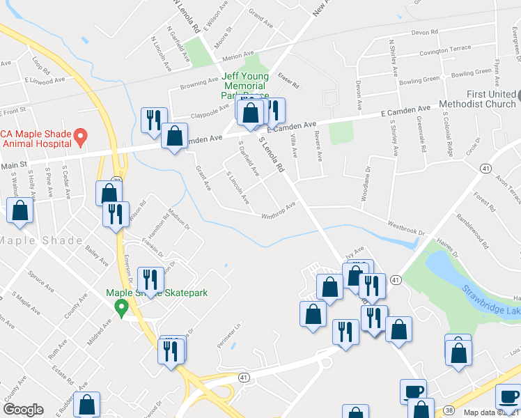 map of restaurants, bars, coffee shops, grocery stores, and more near 123 Winthrop Avenue in Moorestown