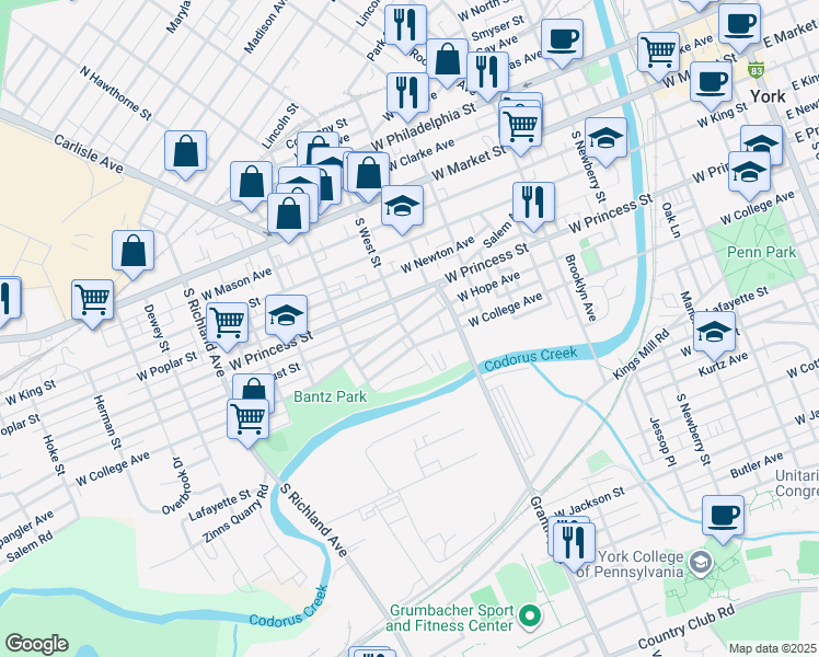 map of restaurants, bars, coffee shops, grocery stores, and more near 227 South West Street in York