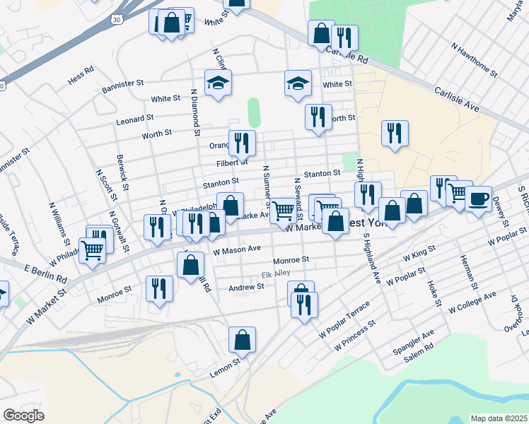 map of restaurants, bars, coffee shops, grocery stores, and more near 30 North Sumner Street in York