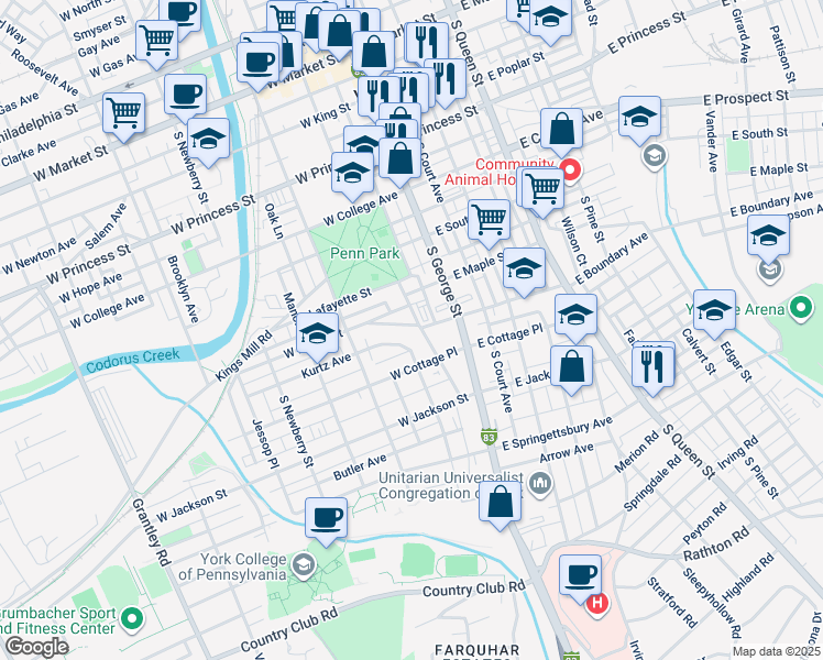 map of restaurants, bars, coffee shops, grocery stores, and more near 60 West Boundary Avenue in York