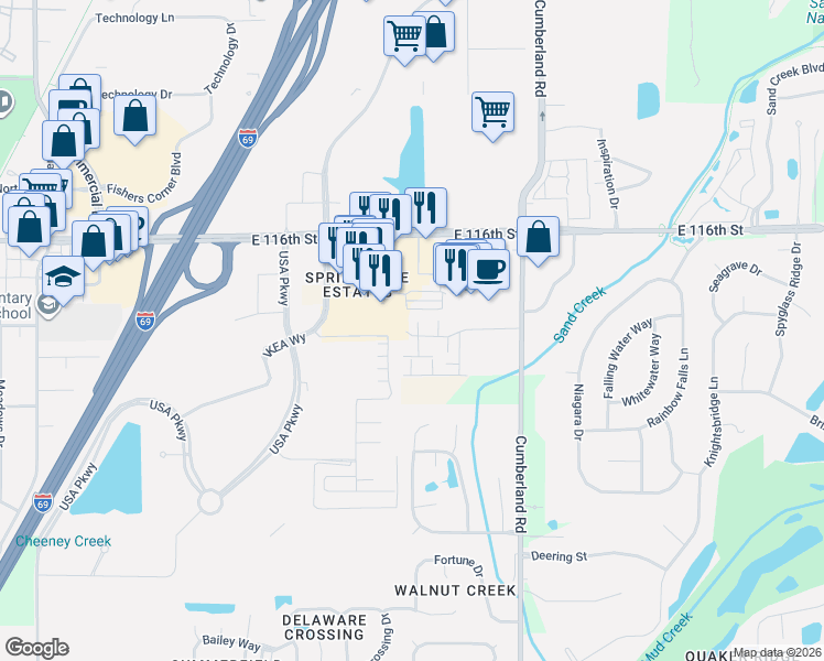 map of restaurants, bars, coffee shops, grocery stores, and more near 11508 Ivy Lane in Fishers