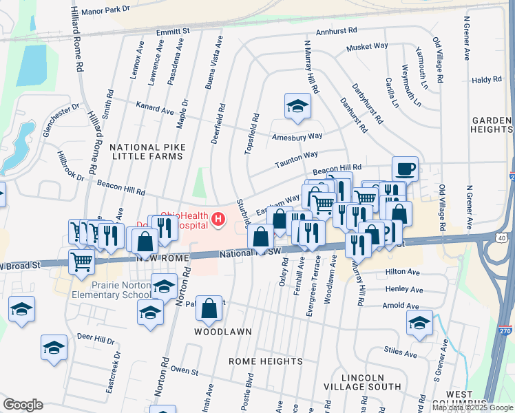 map of restaurants, bars, coffee shops, grocery stores, and more near 5018 Eastham Way in Columbus