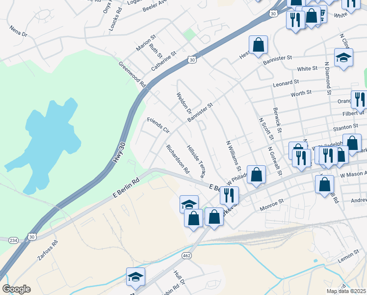 map of restaurants, bars, coffee shops, grocery stores, and more near 245 Hillside Terrace in York