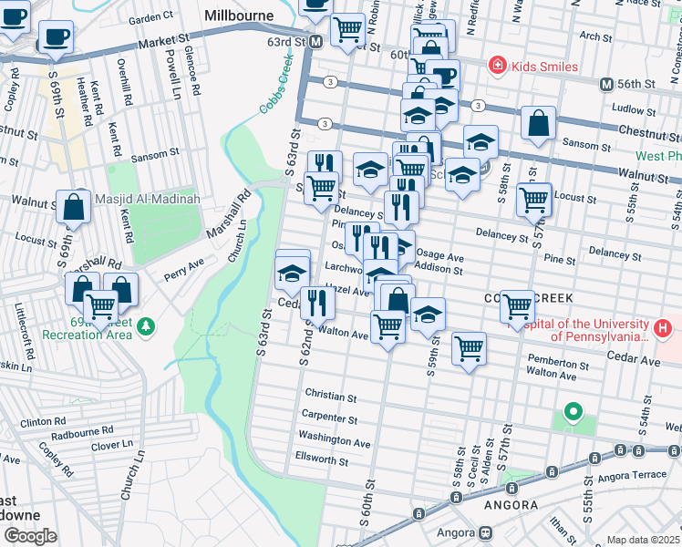 map of restaurants, bars, coffee shops, grocery stores, and more near 517R South 62nd Street in Philadelphia