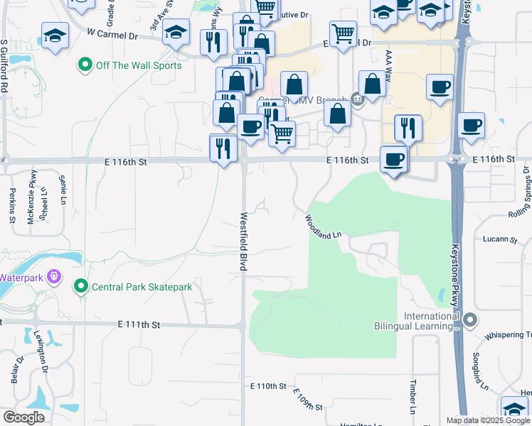 map of restaurants, bars, coffee shops, grocery stores, and more near 1737 Creekside Lane West in Carmel