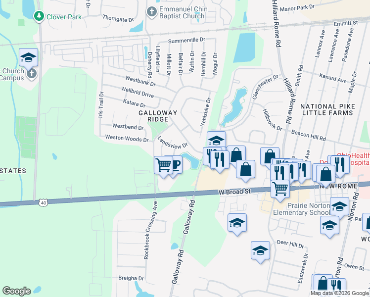 map of restaurants, bars, coffee shops, grocery stores, and more near 5731 Landsview Drive in Galloway