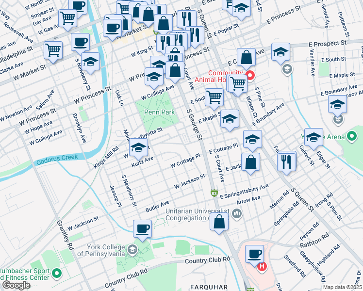 map of restaurants, bars, coffee shops, grocery stores, and more near 56 West Boundary Avenue in York