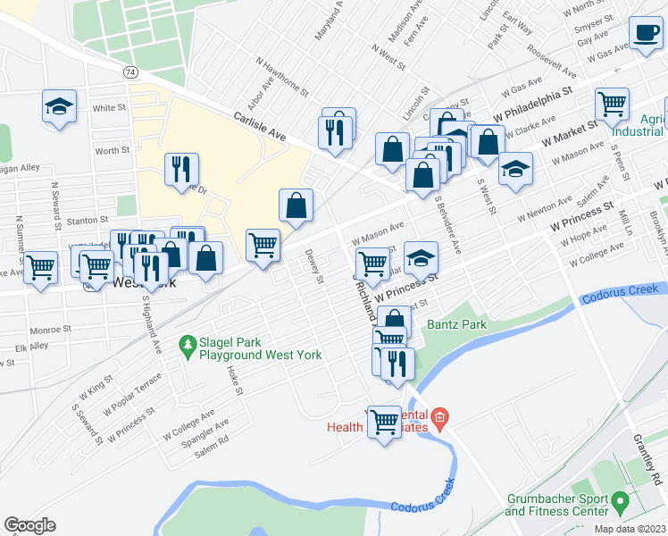 map of restaurants, bars, coffee shops, grocery stores, and more near 1023 West King Street in West York