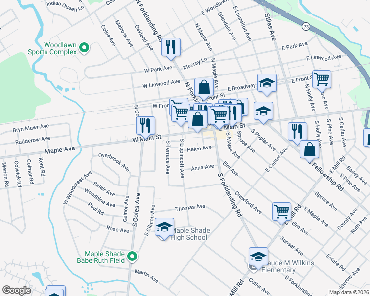 map of restaurants, bars, coffee shops, grocery stores, and more near 25 South Lippincott Avenue in Maple Shade