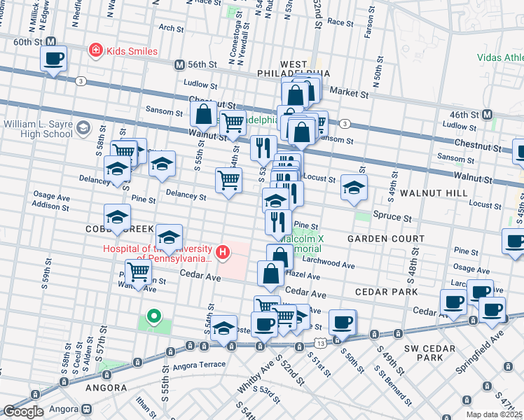 map of restaurants, bars, coffee shops, grocery stores, and more near 5260 Delancey Street in Philadelphia