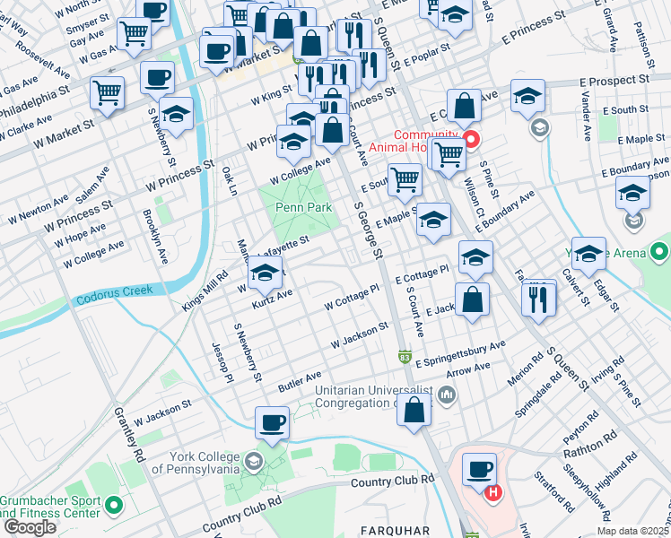 map of restaurants, bars, coffee shops, grocery stores, and more near 72 West Boundary Avenue in York