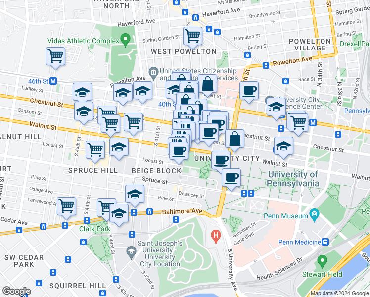 map of restaurants, bars, coffee shops, grocery stores, and more near in Philadelphia