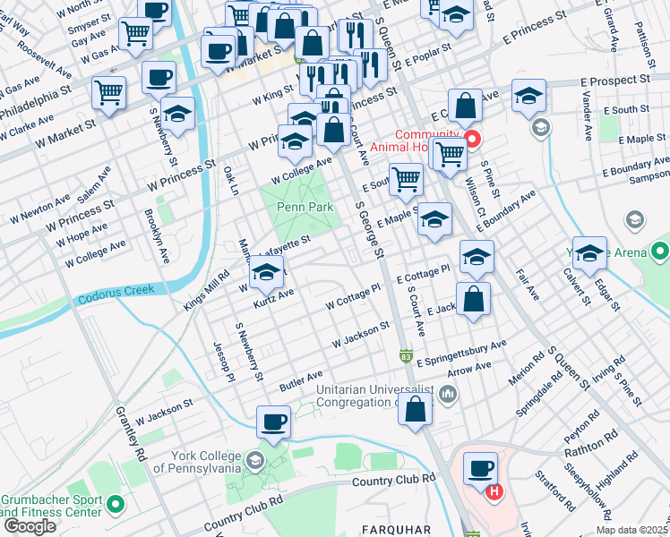 map of restaurants, bars, coffee shops, grocery stores, and more near 72 West Boundary Avenue in York