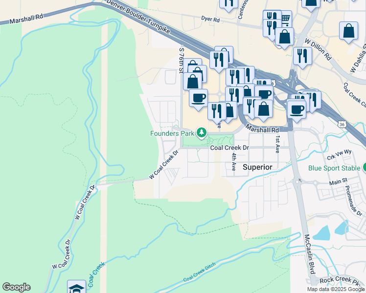 map of restaurants, bars, coffee shops, grocery stores, and more near 7505 West Coal Creek Drive in Superior