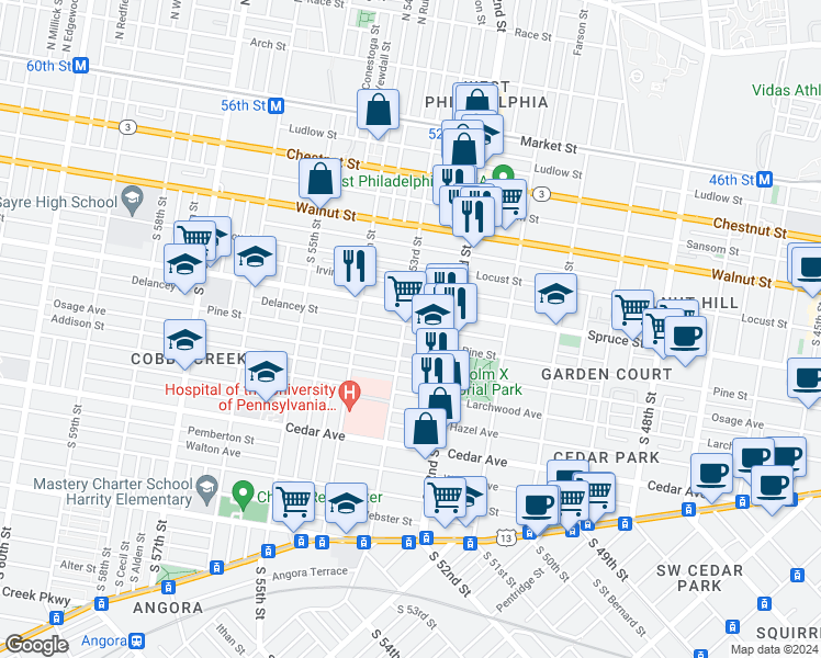 map of restaurants, bars, coffee shops, grocery stores, and more near 5260 Delancey Street in Philadelphia