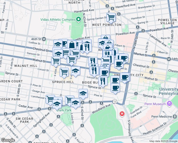 map of restaurants, bars, coffee shops, grocery stores, and more near 4106 Walnut Street in Philadelphia