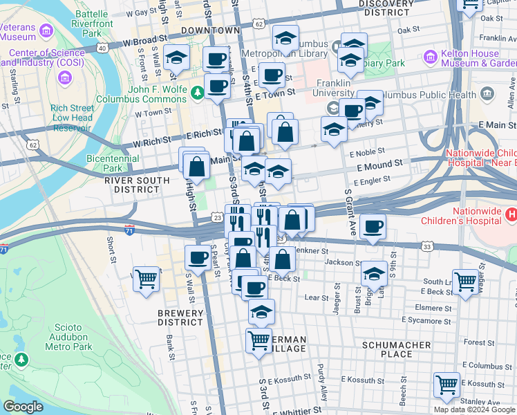 map of restaurants, bars, coffee shops, grocery stores, and more near 150 East Fulton Street in Columbus
