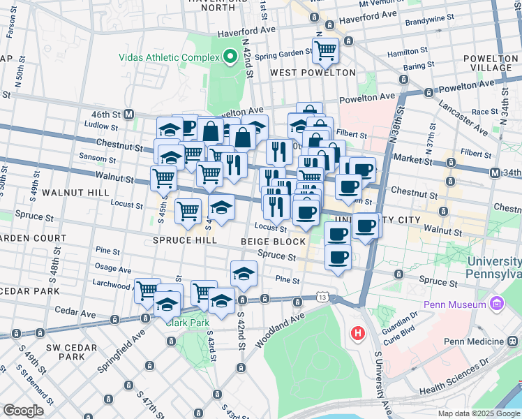 map of restaurants, bars, coffee shops, grocery stores, and more near 4106 Walnut Street in Philadelphia