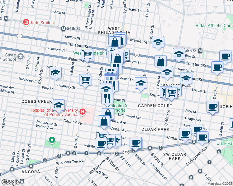 map of restaurants, bars, coffee shops, grocery stores, and more near 5112 Locust Street in Philadelphia