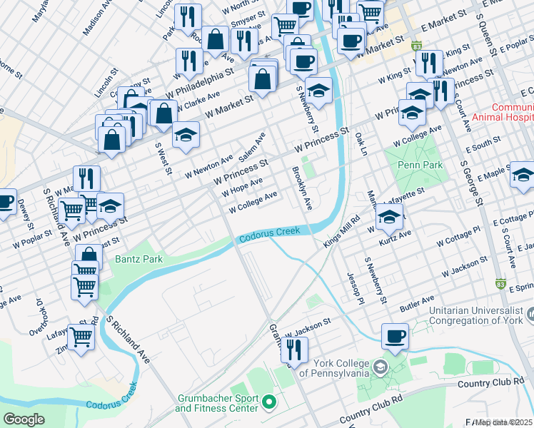 map of restaurants, bars, coffee shops, grocery stores, and more near 470 West College Avenue in York