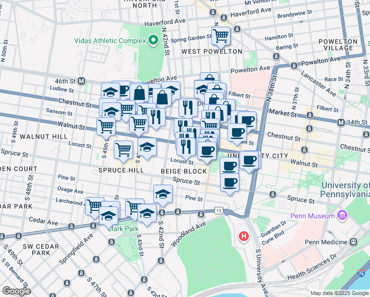 map of restaurants, bars, coffee shops, grocery stores, and more near 4044 Walnut Street in Philadelphia