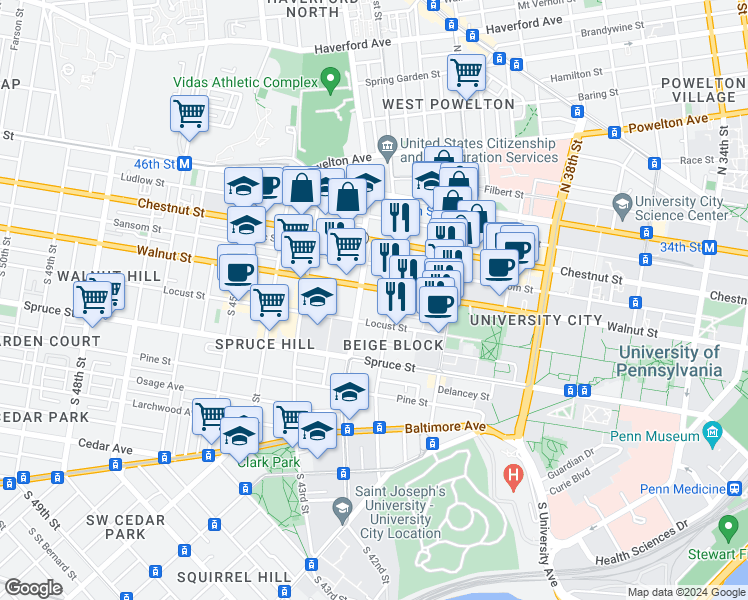 map of restaurants, bars, coffee shops, grocery stores, and more near 4106 Walnut Street in Philadelphia
