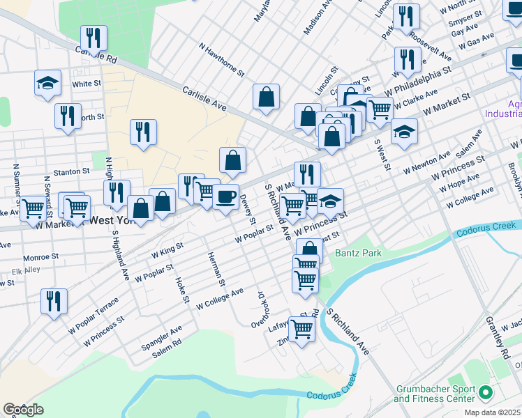 map of restaurants, bars, coffee shops, grocery stores, and more near 1023 West King Street in West York