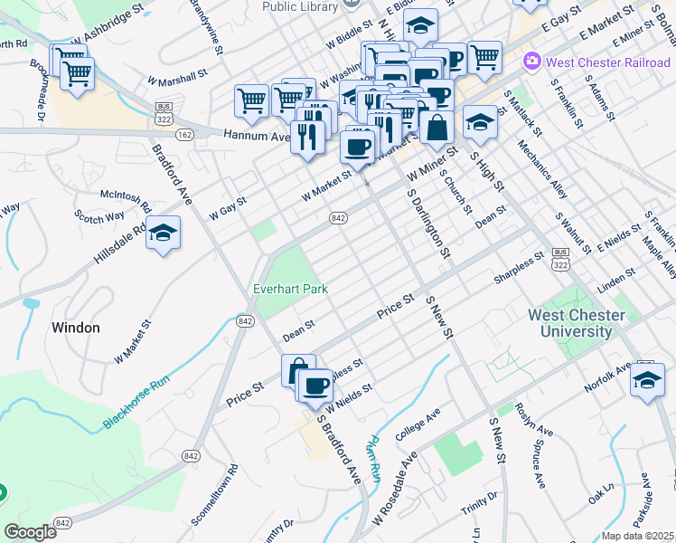map of restaurants, bars, coffee shops, grocery stores, and more near 419 West Union Street in West Chester
