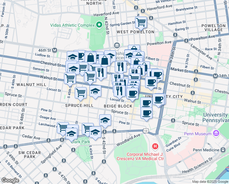 map of restaurants, bars, coffee shops, grocery stores, and more near 4104 Walnut Street in Philadelphia