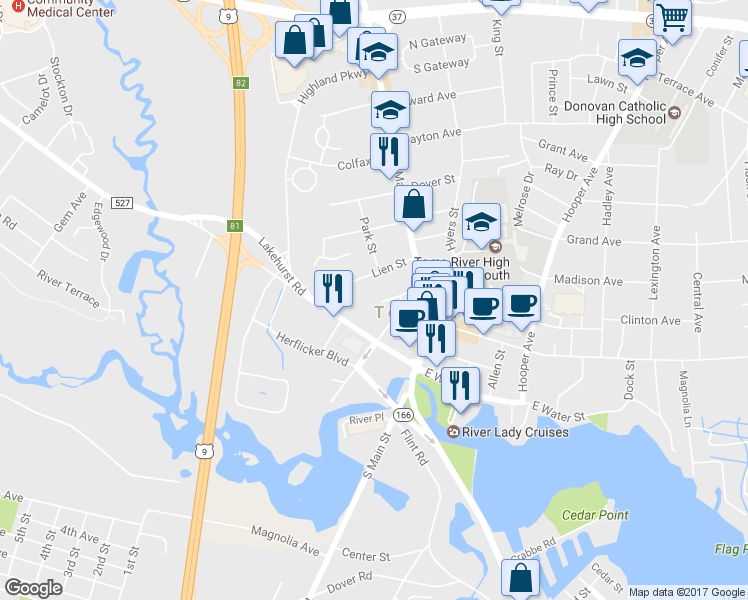 map of restaurants, bars, coffee shops, grocery stores, and more near 40 Snyder Street in Toms River
