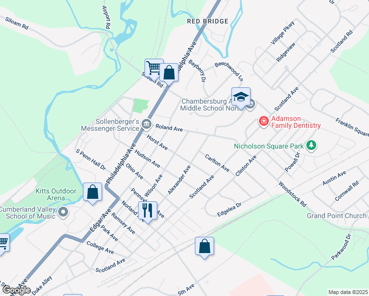 map of restaurants, bars, coffee shops, grocery stores, and more near 1730 Wilson Avenue in Chambersburg