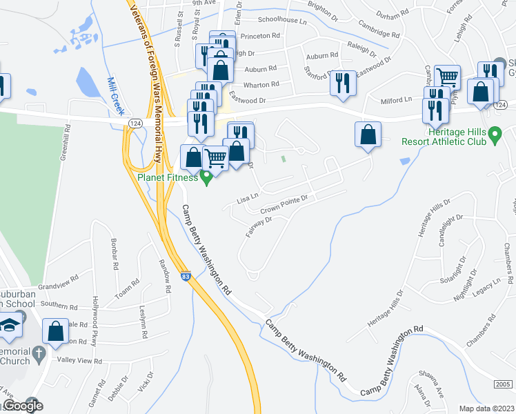 map of restaurants, bars, coffee shops, grocery stores, and more near 125 Pointe Ridge Drive in East York