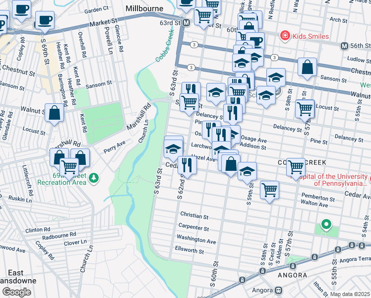map of restaurants, bars, coffee shops, grocery stores, and more near 6201 Hazel Avenue in Philadelphia