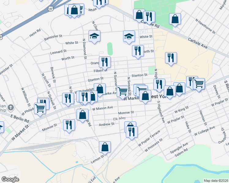 map of restaurants, bars, coffee shops, grocery stores, and more near 24 North Sumner Street in West York