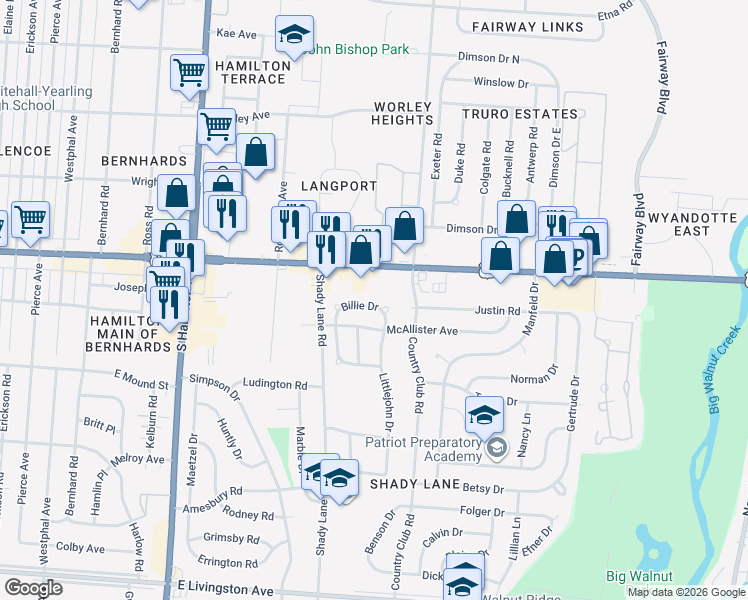 map of restaurants, bars, coffee shops, grocery stores, and more near 1072 Billie Drive in Columbus