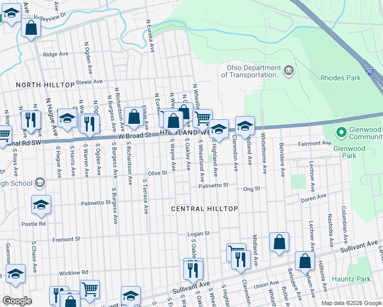 map of restaurants, bars, coffee shops, grocery stores, and more near 58 South Oakley Avenue in Columbus
