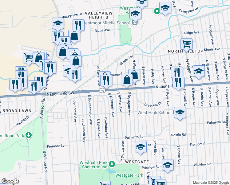 map of restaurants, bars, coffee shops, grocery stores, and more near 3161 West Broad Street in Columbus