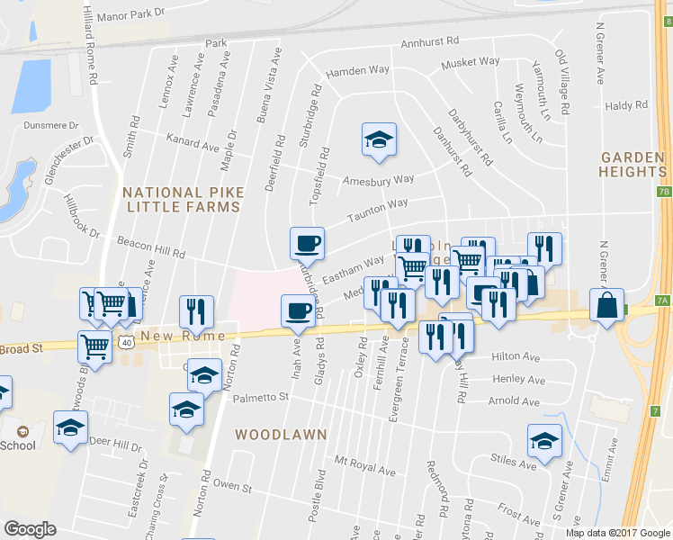 map of restaurants, bars, coffee shops, grocery stores, and more near 4996 Eastham Way in Columbus