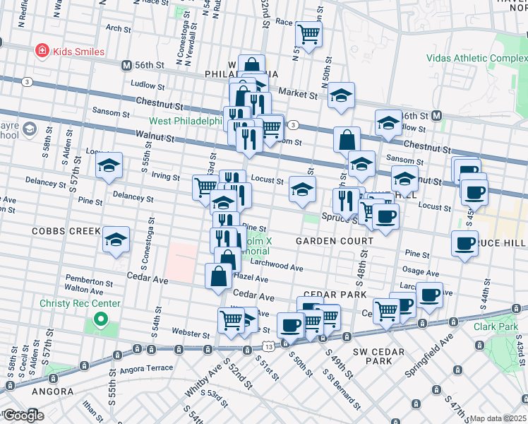 map of restaurants, bars, coffee shops, grocery stores, and more near 5108 Spruce Street in Philadelphia