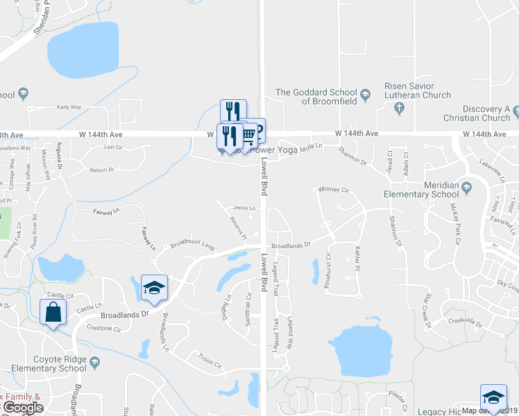 map of restaurants, bars, coffee shops, grocery stores, and more near 3611 Jenny Lane in Broomfield