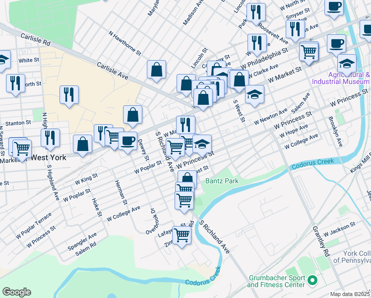 map of restaurants, bars, coffee shops, grocery stores, and more near 915 West Poplar Street in York