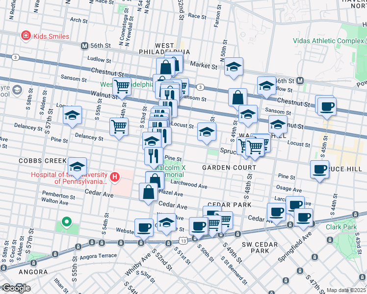 map of restaurants, bars, coffee shops, grocery stores, and more near 5036 Spruce Street in Philadelphia